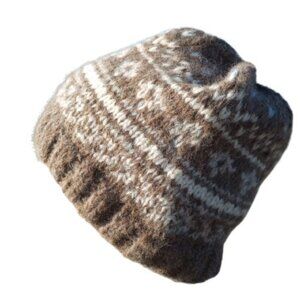 Handmade Men’s Alpaca Wool Beanie Fair Isle Knit Hat Brown Beige Nordic Winter
